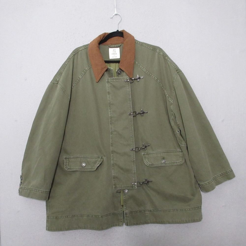 We The Free People Barn Jacket Green Corduroy Collar Lobster Claw Clasp Oversize